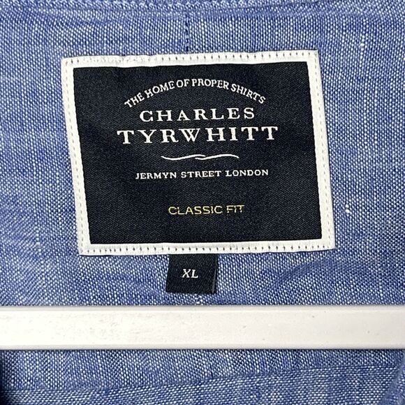 Charles Tyrwhitt Men's XL 100% Linen Blue Button Down Shirt - Picture 2 of 7